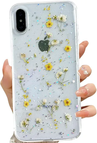 Miniatura 27 de LSEEKA Funda transparente para iPhone 13 Mini/iPhone 12 Mini con diseño de flores reales prensadas, con purpurina, bonito patrón floral blanco, Oro