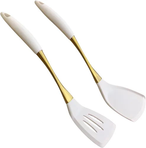 Miniatura 13 de Elegante juego de utensilios de cocina de silicona de oro blanco, no tóxicos, aptos para lavavajillas, con asas cómodas resistentes al calor