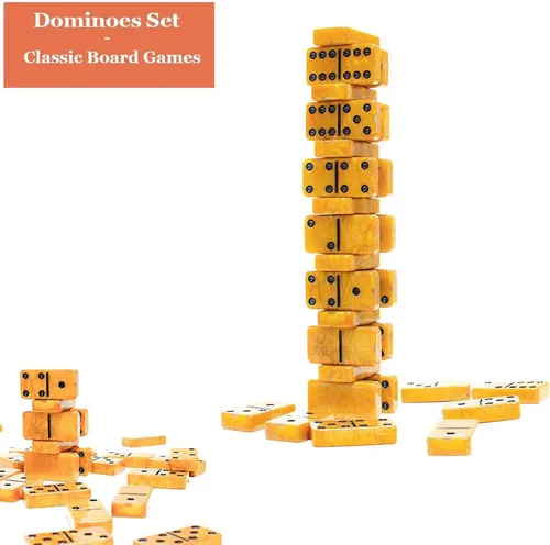 Miniatura 5 de Juego de dominó Vovotuzzi para adultos, dominó grueso, juego de dominó doble 6 para adultos y niños, 28 fichas de mármol dorado en estuche de cuero