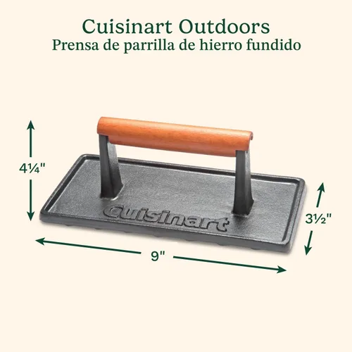 Miniatura 2 de Cuisinart - Prensa de parrilla de hierro fundido con mango de madera, prensa de hamburguesa rectangular antiadherente de alta resistencia con mango