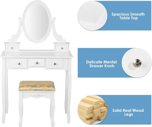 Miniatura 9 de CHARMAID Set de tocador con espejo ovalado giratorio, mesa de maquillaje para dormitorio con 5 cajones para mujeres y niñas, tocador con taburete