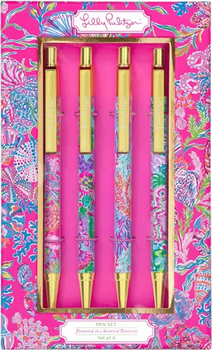 Lilly Pulitzer Juego de 4 bolígrafos de tinta negra, bolígrafos retráctiles para el hogar u oficina, bolígrafos de plástico coloridos, Shell Me
