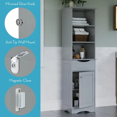 Miniatura 6 de RiverRidge, Grey Ashland - Gabinete de almacenamiento independiente para baño con tres estantes abiertos y cajón