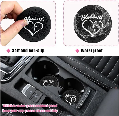 Miniatura 5 de Augeny 2PCS Posavasos para Portavasos de Coche, Posavasos de Inserción de PVC Antideslizantes, 2.76 Pulgadas Cruz Bendecida y Corazón Cristiano
