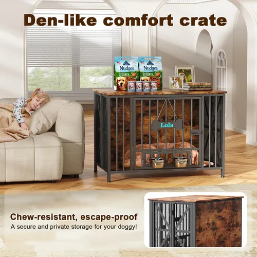 Miniatura 3 de EasyCom Muebles de Jaula Plegable Grande para Perros, 41.3" Jaulas Sin Montaje para Perros Grandes, Perrera de Madera para Interiores con Etiqueta