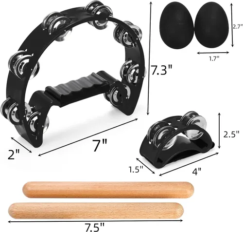 Miniatura 2 de Eorbow Pandereta de 12 piezas para adultos, pandereta de media luna de mano con pandereta de pie, palos de ritmo de madera y agitadores de huevos