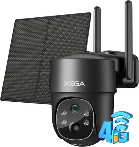 Cámara de seguridad celular Xega 4G LTE solar con tarjeta SIM, cámara de seguridad inalámbrica para exteriores sin WiFi, visión nocturna PTZ HD 2K,