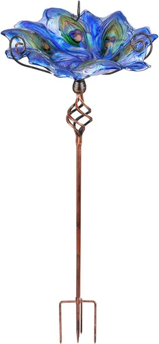 VCUTEKA Comedero y bebedero de cristal para pájaros, para exteriores, baño de pájaros con estaca de metal, decoración de jardín