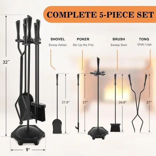 Miniatura 2 de Gtongoko Juego de herramientas para chimenea de hierro forjado, 5 piezas, para interiores y exteriores, con póquer de fuego, pala, cepillo rústico