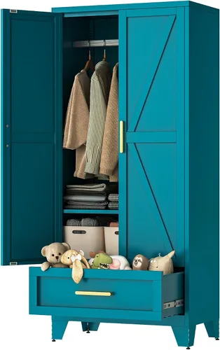Miniatura 8 de LCAOPC Armario de metal de 71 pulgadas de alto con cajón y barra para colgar, armario de 2 puertas con estante para dormitorio, oficina, lavandería