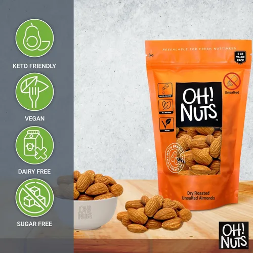 Miniatura 6 de Oh! Nuts Almendras tostadas sin sal, 2 libras, empaquetadas en bolsa con cierre de cremallera de Nueva York para una frescura excepcional
