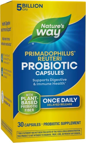 Nature's Way Probiótico Primadophilus Reuteri, apoya la salud digestiva e inmunológica*, 5 mil millones de cultivos vivos, 30 cápsulas
