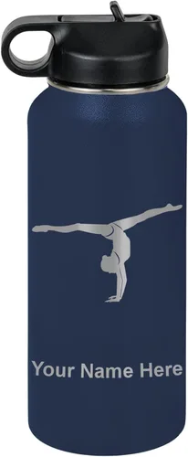 Miniatura 55 de LaserGram Botella de agua personalizada, gimnasta niña, acero inoxidable de doble pared aislada al vacío con popote superior, regalo grabado Azul