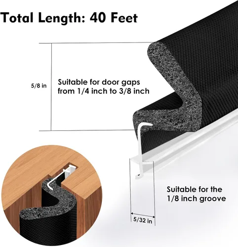 Miniatura 5 de Cinta de sellado Kerf para puerta con sello para brecha grande, sello de puerta exterior, sello de clima para puerta (12.19 metros, negro)