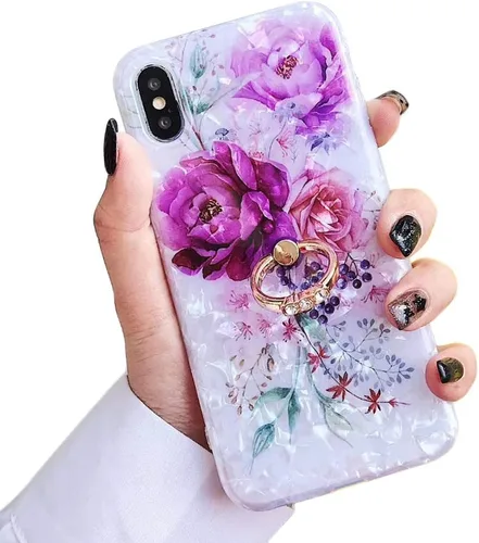 Miniatura 10 de Qokey - Funda compatible para iPhone XR, hermoso diseño de flores, para mujer y niña, con anillo giratorio de 360 grados, TPU suave, a prueba