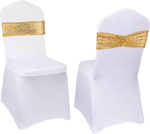 Eternal Beauty Juego de 10 lazos de lentejuelas para silla, bandas doradas para decoración de fiesta de boda