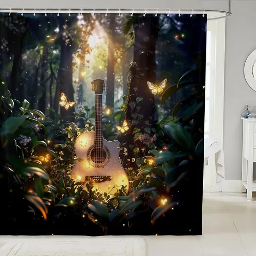 Miniatura 7 de Cortina de ducha de guitarra roja, cortina de baño de música Hip Pop, decoración de baño para niños y niñas, cortina de baño de guitarra de moda