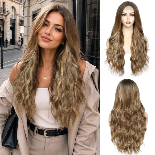Miniatura 16 de NAYOO Peluca negra ondulada de 26 pulgadas de largo para mujer, peluca sintética de aspecto natural, fibra resistente al calor, suave y ligera, Negro