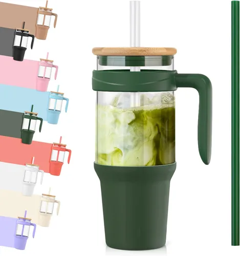 Miniatura 16 de Tronco Vaso de vidrio de 32 onzas con popote y tapa, tapa con popote 2 en 1 a prueba de fugas, botellas de agua de vidrio con asa, apto para Rosa