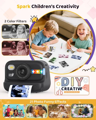 Miniatura 3 de Cámara de impresión instantánea en color para niños – Cámara para niños con 5 papeles fotográficos de color, video de 48MP y 1080P, 21 marcos