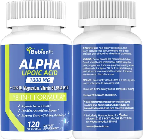 Miniatura 7 de Cápsulas de suplementos de neuropatía de ácido alfa lipoico de 1000 mg, ALA 8 en 1 para la salud nerviosa en manos y pies, sistema nervioso