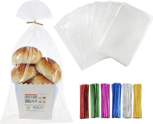 Miniatura 12 de LISM 400 bolsas transparentes de celofán de plástico duradero de 4 x 9 pulgadas de grosor con lazos de torsión coloridos, embalaje de panadería