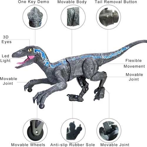 Miniatura 3 de Juguetes de dinosaurio de control remoto para niños robot electrónico de dinosaurio con luz LED y rugido 2.4Ghz simulación RC Velociraptor juguetes