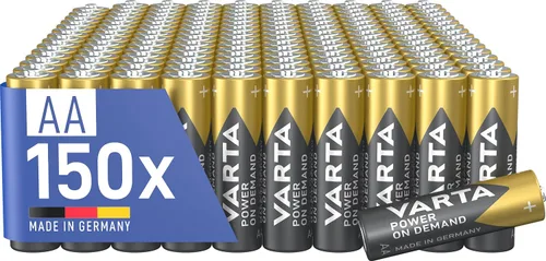VARTA Baterías AA, paquete de 150, Power on Demand, Alcalinas, 1,5V, paquete de almacenamiento en embalaje respetuoso con el medio ambiente, ideal