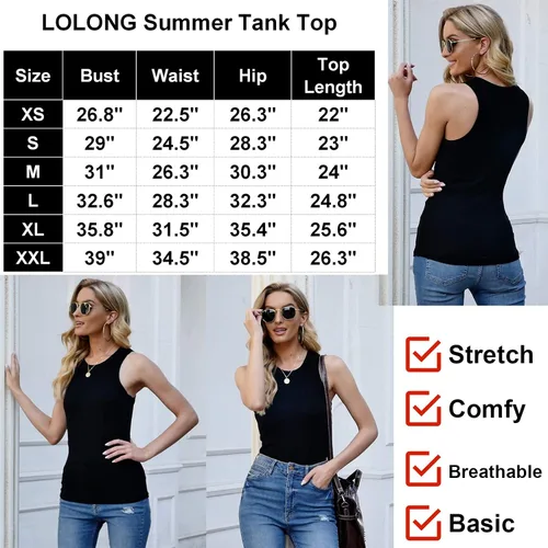 Miniatura 5 de LOLONG - Camiseta sin mangas para mujer elástica de verano acanalada