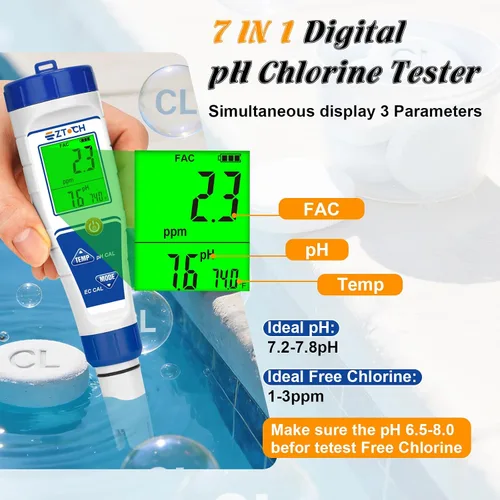 Miniatura 2 de Probador digital de sal de cloro para piscina, medidor de salinidad de pH para agua de piscina, probador de pH de cloro salino, probador de pH 7