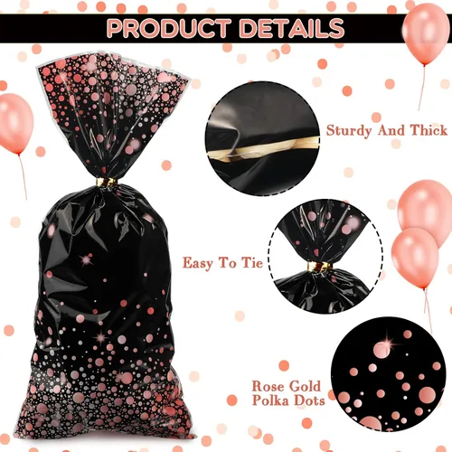 Miniatura 3 de 100 bolsas de celofán de color negro y oro rosa de 10.8 x 5 pulgadas, bolsas de plástico para fiestas, bolsas de dulces con 100 lazos dorados