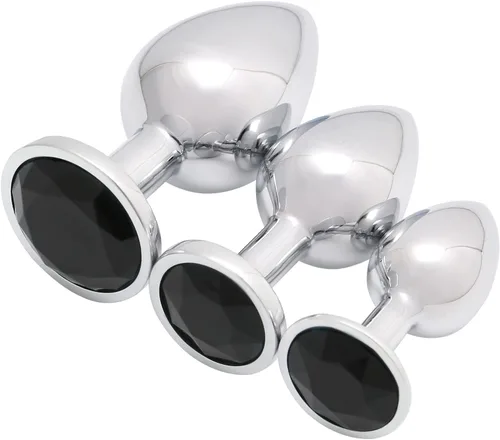 AKStore 3 tapones anales fetiches de acero inoxidable con diseño de joyas lujosas para fantasías sexuales de bondage, tamaños grande, mediano y Negro