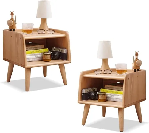 Mesita de noche de madera maciza 100% natural con almacenamiento abierto, elegante mesita de noche moderna de mediados de siglo para dormitorio, 2