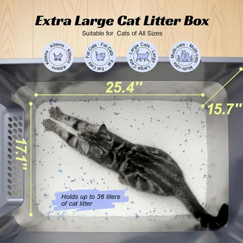 Miniatura 3 de Caja de arena cerrada de acero inoxidable para gatos con tapa y alfombra, caja de arena extra grande para gatos con cajón, caja de metal para gatos