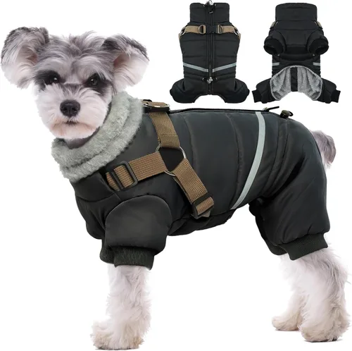 BRKURLEG Abrigo Negro para Perro con Arnés, Chaqueta de Invierno para Perro, Mono para Perros Chaquetas Corporales Cálidas, Abrigos de Invierno