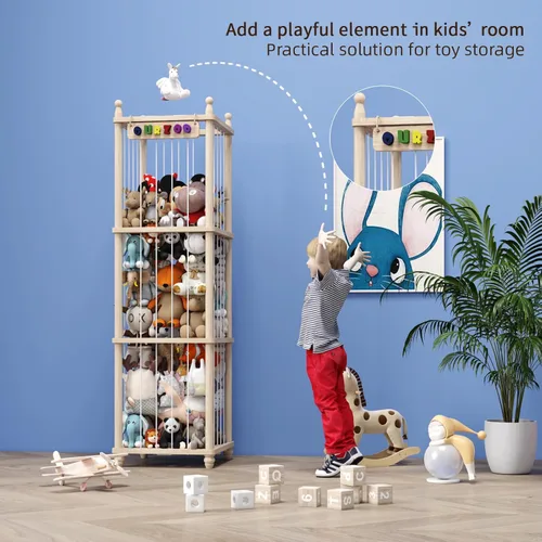 Miniatura 6 de Organizador de Almacenamiento de Juguetes de Madera para Animales de Peluche, Diseño Mejorado de Puf Hamaca de Animales de Peluche Red de Peluches