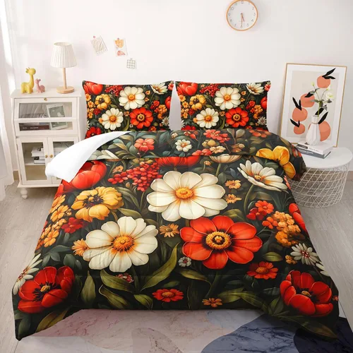 Miniatura 41 de Juego de edredón floral colorido de 3 piezas, juego de ropa de cama botánica bohemia tamaño queen, diseño boho de granja con flores y hojas impresas