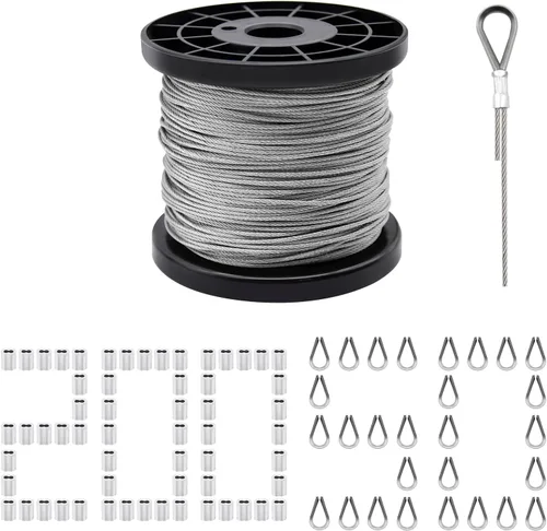 328 pies de cuerda de alambre, cable de alambre de acero inoxidable de 1/16" con mangas de aluminio para crimpar y dedales de acero inoxidable para