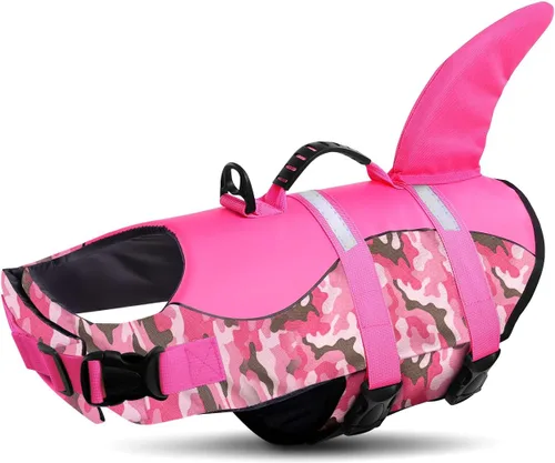 Queenmore - Chaleco salvavidas Ripstop de tiburón para perro, ajustable, con alta flotabilidad y asa de rescate duradera, para perros pequeños,