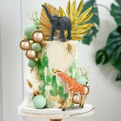 Miniatura 7 de 26 piezas de decoración de pasteles de animales de la selva, figuras de animales de safari, palmeras doradas, selva salvaje, animales salvajes