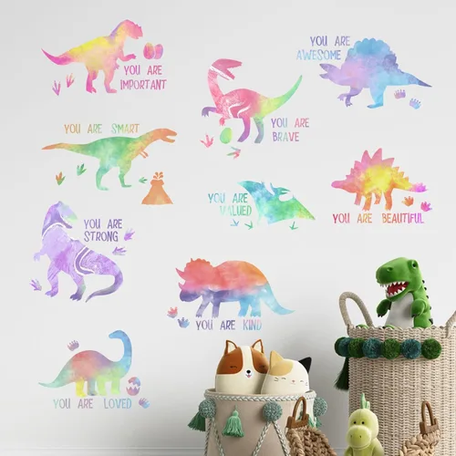Miniatura 6 de Yovkky Calcomanías inspiradoras de pared de dinosaurio degradado pastel, con cita motivacional de dinosaurio, decoración neutra para guardería