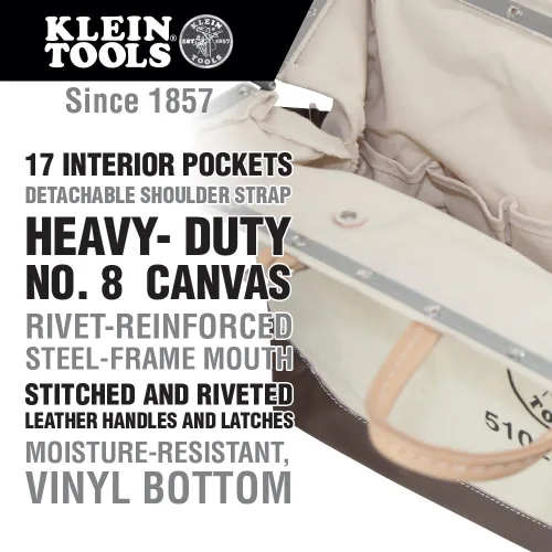 Miniatura 2 de Bolso de lujo para herramientas Klein Tools de lona, hecha de lona natural con compartimentos interiores y correa para el hombro desenganchable