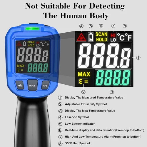 Miniatura 9 de Pistola Termómetro Láser FKM -58 °F~1112 °F (-50 °C~600 °C), Pistola Termómetro Infrarrojo sin Contacto para Industrial, Motor, HVAC, Cocina