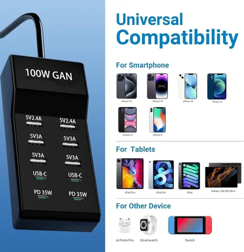 Miniatura 2 de Bloque de cargador USB de 10 puertos - 100W6A4C Hub de puerto USB múltiple para iPhone/iPad/Samsung Galaxy Note Tablet Android Smartphone Negro