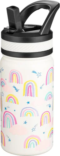 Miniatura 34 de Fanhaw Botella de agua aislada para niños de 14 onzas con tapa de pajita – Acero inoxidable de doble pared al vacío, a prueba de fugas, botellas