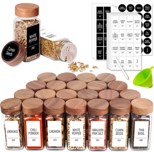 Churboro 24 Frascos de Especias con 547 Etiquetas - Frascos de Especias de Vidrio con Tapas Agitadoras - Recipientes Cuadrados de Especias de 4 Oz