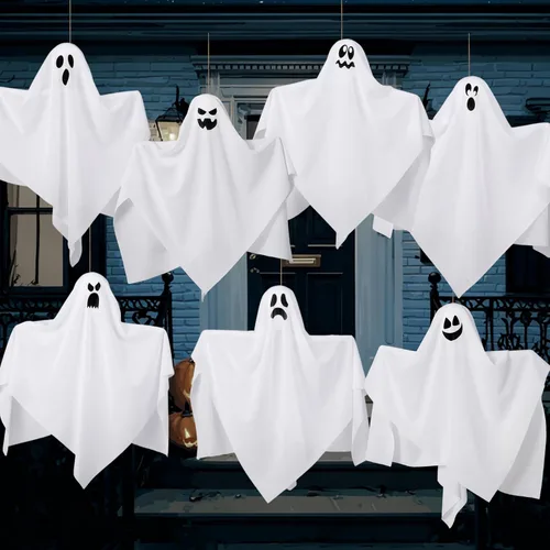 Miniatura 6 de JOYIN 7 decoraciones colgantes de fantasmas de Halloween al aire libre, 19.6 pulgadas, decoración de fantasmas blancos voladores para árbol