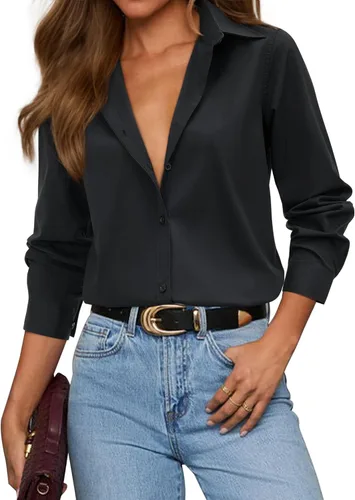 siliteelon Camisas con botones para mujer, camisa de vestir de algodón de manga larga con cuello, camisa de negocios, trabajo, oficina, blusa