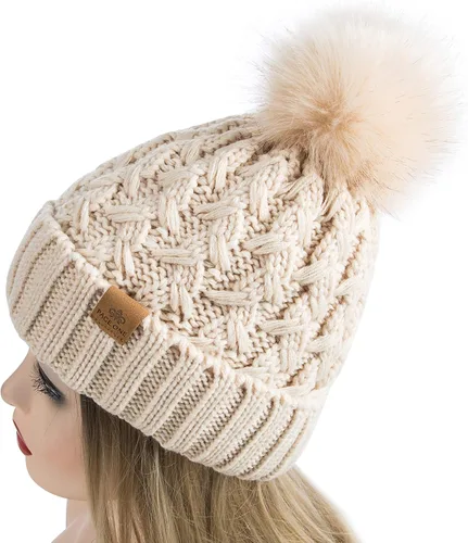 Miniatura 3 de PAGE ONE Womens Winter Ribbed Beanie Crossed Cap Chunky Cable Knit Pompom Soft Warm Hat