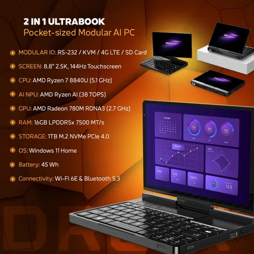 Miniatura 2 de GPD Bolsillo 4: Mini portátil con CPU AMD Ryzen 7 8840U, GPU Radeon 780M, RAM LPDDR5X de 16 GB, SSD PCIe Gen4 de 1 TB, pantalla de 8.8 pulgadas 2.5K